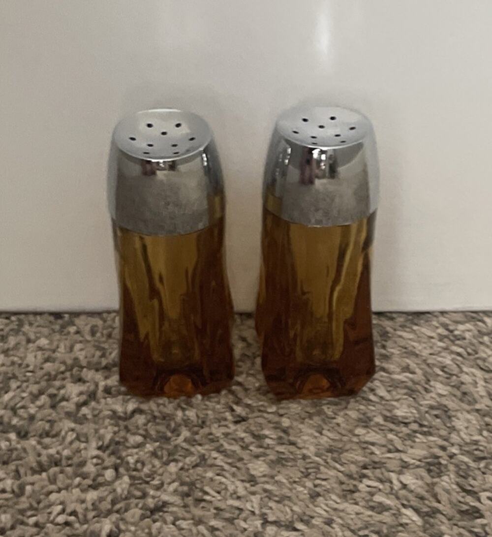 Vintage MCM Libbey Dark Amber Glass Salt and Pepper Shakers Hong Kong